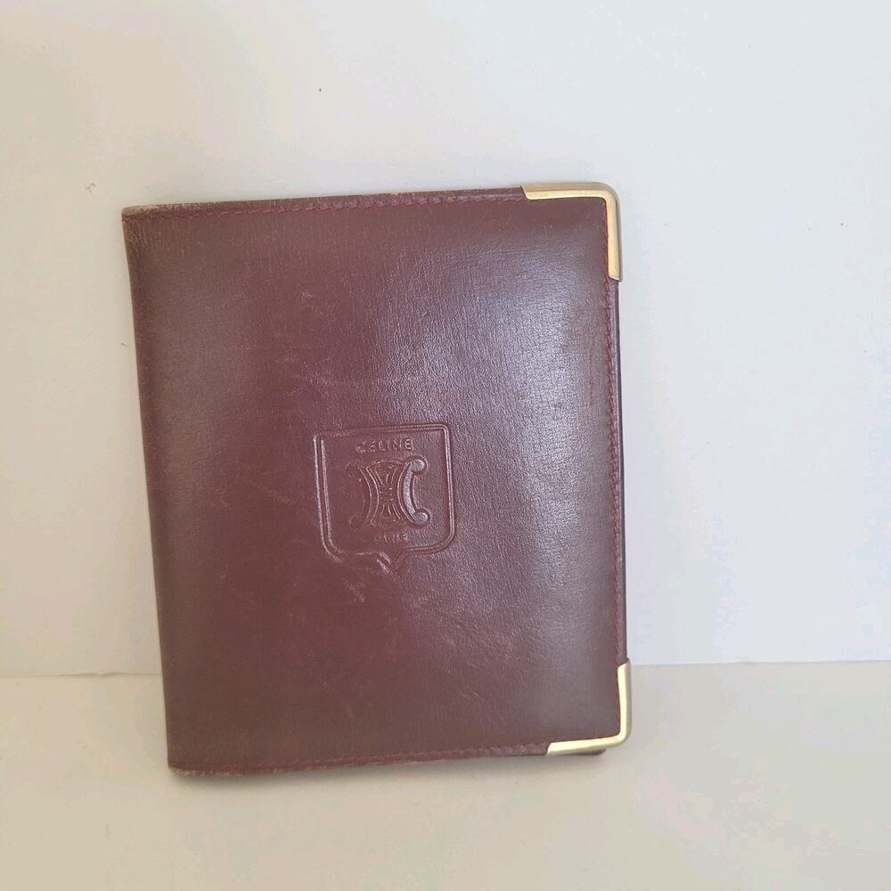 Celine Paris Vintage Bifold Leather Bordeaux Red Wallet Small Compact Card Bill